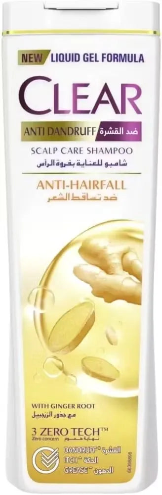 Close-up of Clear Women's Anti-Hairfall Shampoo bottle (380ml) featuring ginger extract and a healthy-looking woman with flowing hair.