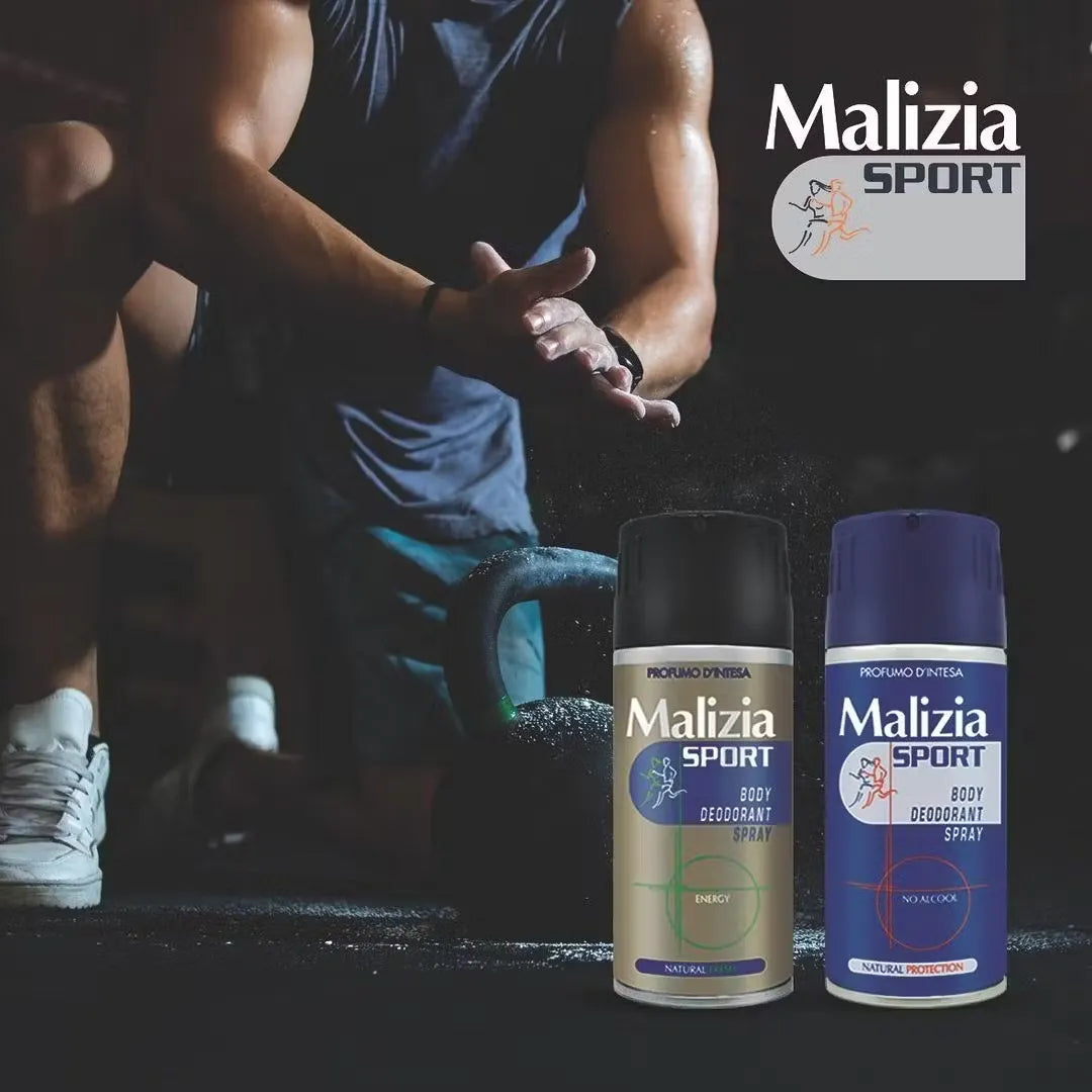 Blue Malizia Sport Body Deodorant Spray bottle with silver accents, spraying onto hand.