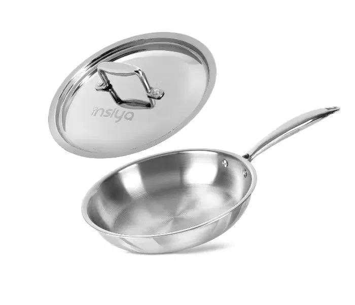 Insiya Triply Stainless Steel Frypan: 22cm, durable & stylish for effortless cooking.  Master your meals with this versatile stainless steel frypan and lid.  Cook with style: Sleek and functional Insiya frypan for everyday use. Insiya SVI I04 Frypan (22cm) with lid, features Triply Stainless Steel construction.  Perfect for searing, sautéing, and everyday cooking tasks. Upgrade your kitchen & cook like a pro! Get the Insiya Triply Stainless Steel Frypan today.