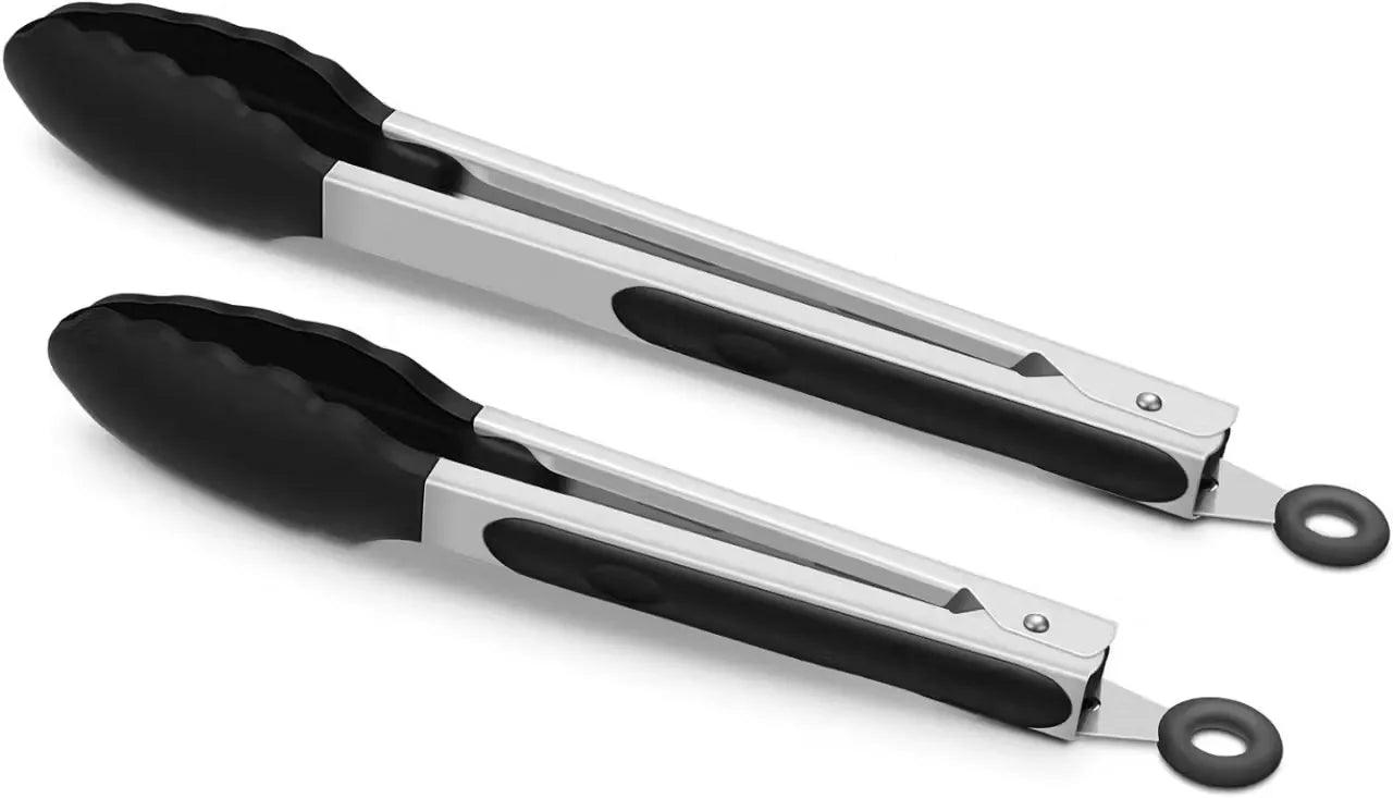 Insiya black food tongs set (9" & 12") for effortless serving and grilling.  Versatile 2-piece tongs perfect for flipping, grabbing, and serving food.  Premium black design adds style and functionality to your kitchen. Upgrade your kitchen essentials with quality and style: Insiya's 2-piece food tongs set. Insiya 2-piece food tongs set in black, includes 9-inch and 12-inch tongs. Don't miss out: Limited-time offer on Insiya's black food tongs set!