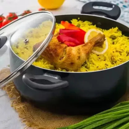 Upgrade your kitchen with the versatile Insiya 24cm casserole, ideal for everyday cooking and induction use. Insiya 24cm black casserole dish made from material with features. Suitable for heat sources and dishwasher safe.