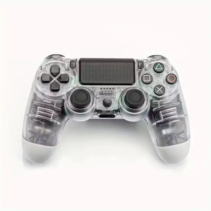 Black wireless controller for PS4 with dual vibration, turbo function, and audio jack. Features light bar and touchpad. Ideal for immersive gaming experiences.