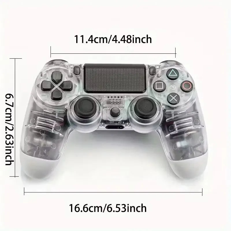 Black wireless controller for PS4 with dual vibration, turbo function, and audio jack. Features light bar and touchpad. Ideal for immersive gaming experiences.