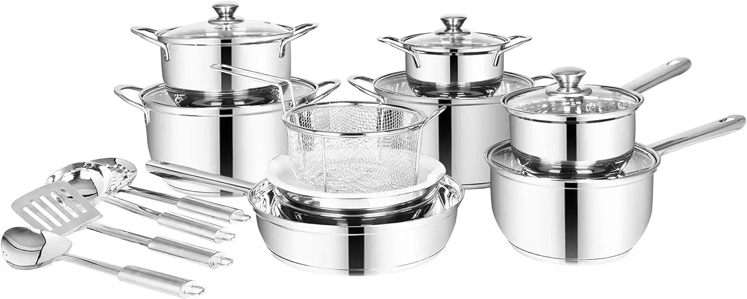 21-piece stainless steel cookware set in silver, perfect for everyday cooking. Close-up view of various pots and pans from the Classic Essentials cookware set. Sleek and durable stainless steel cookware set for all your cooking needs. Elevate your kitchen with the Classic Essentials 21-piece stainless steel cookware set. Dishwasher safe and compatible with most stovetops.