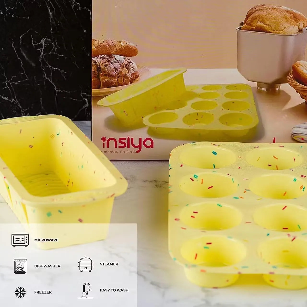Insiya 2-in-1 baking pan made from material with number muffin cups and a rectangular baking area. Bake sweet and savory treats with ease using the Insiya 2-in-1 pan! Muffin cups and baking tray combined for space-saving convenience