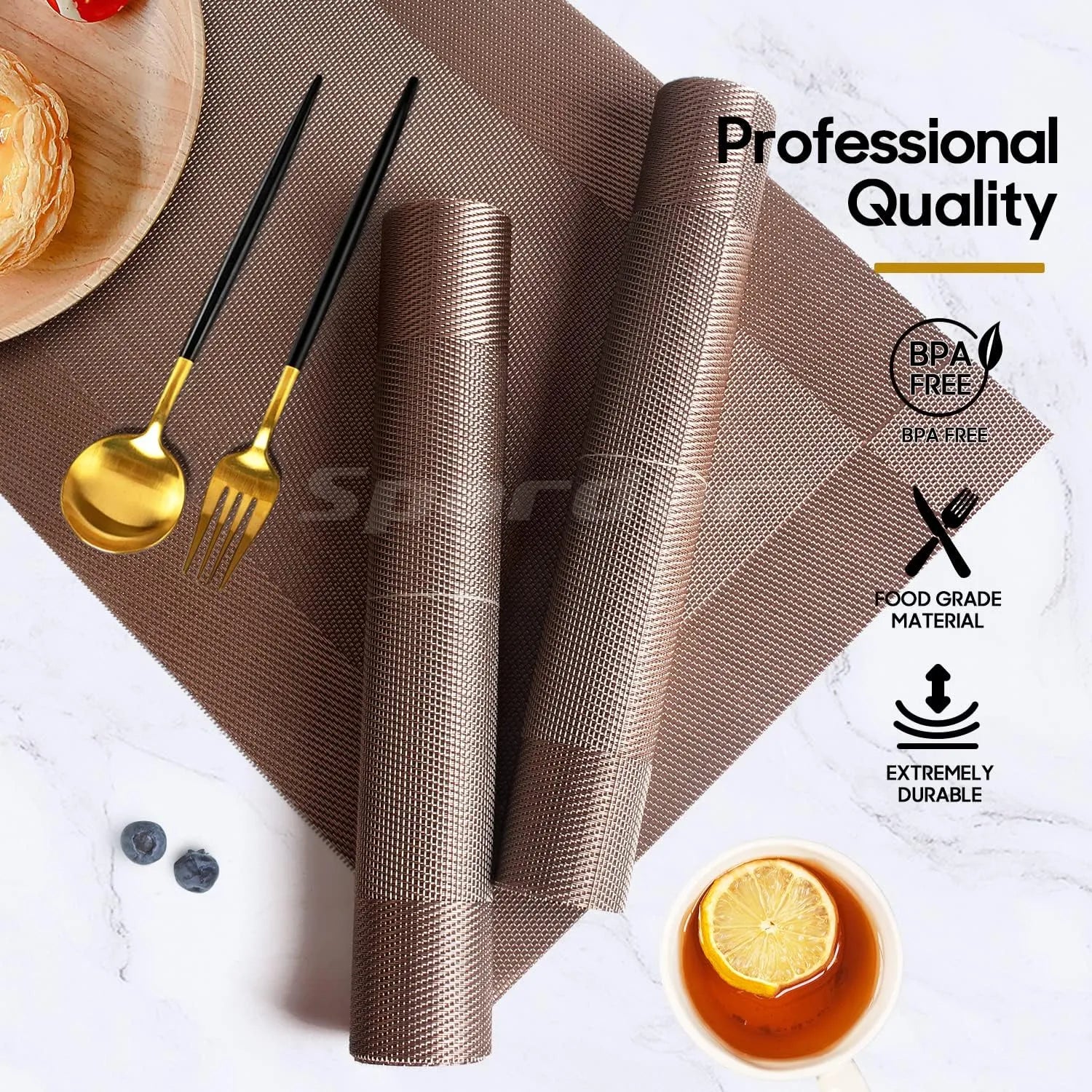 A set of six Kermeo placemats and coasters laid flat on a table. The placemats and coasters are a sleek, modern design with a non-slip texture.