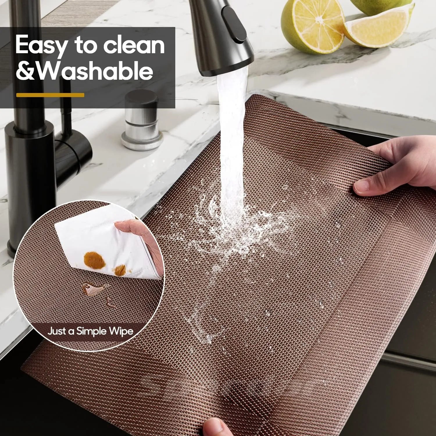A set of six Kermeo placemats and coasters laid flat on a table. The placemats and coasters are a sleek, modern design with a non-slip texture.