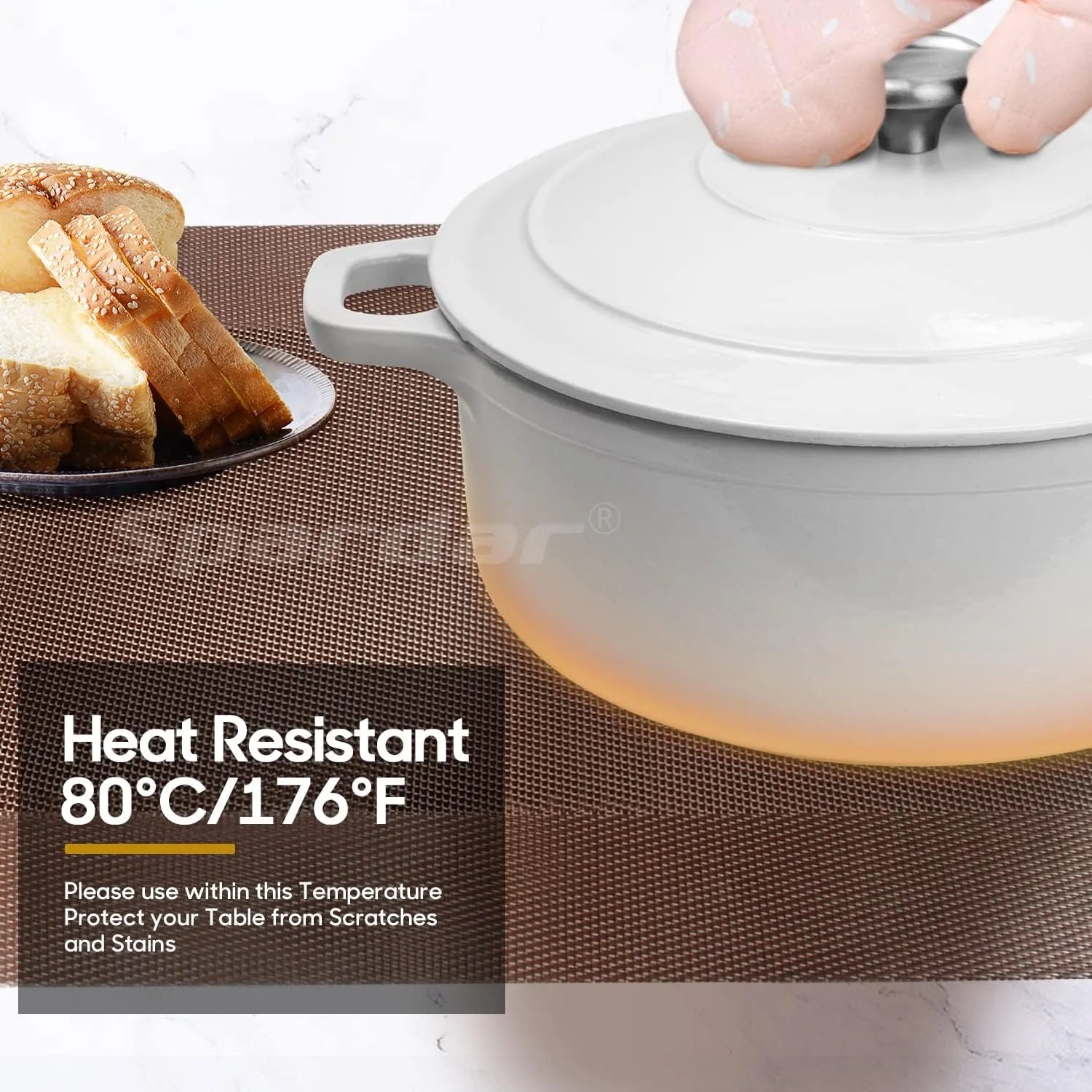 A set of six Kermeo placemats and coasters laid flat on a table. The placemats and coasters are a sleek, modern design with a non-slip texture.