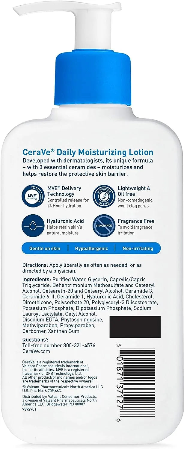 CeraVe Daily Moisturizing Lotion (237ml): Expert care for all skin types with ceramides & hyaluronic acid for 24-hour hydration.Nourish your skin for lasting hydration & comfort.