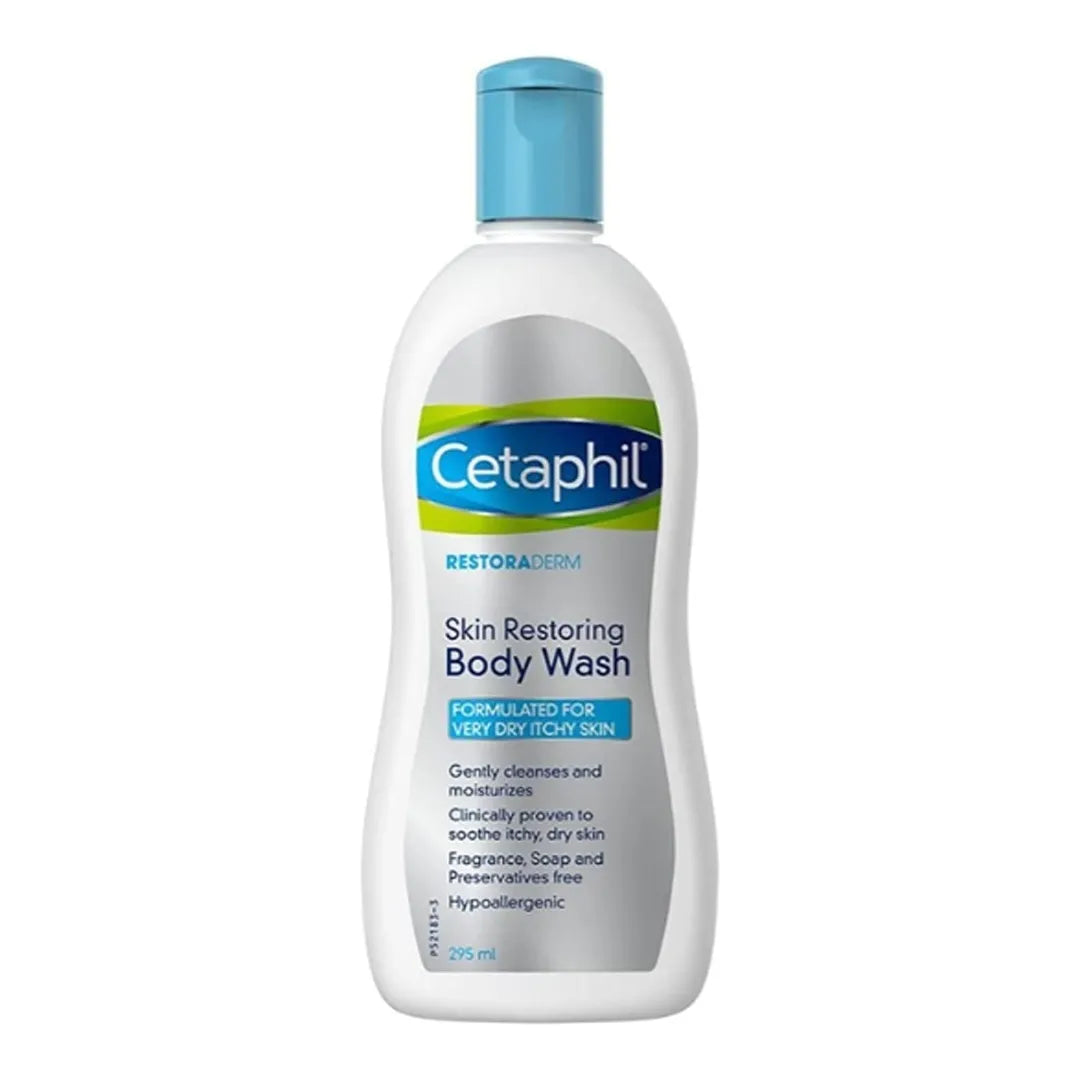 White plastic bottle with blue label and pump, dispensing Cetaphil Moisturizing Body Wash onto hand. Gentle foam suds visible.