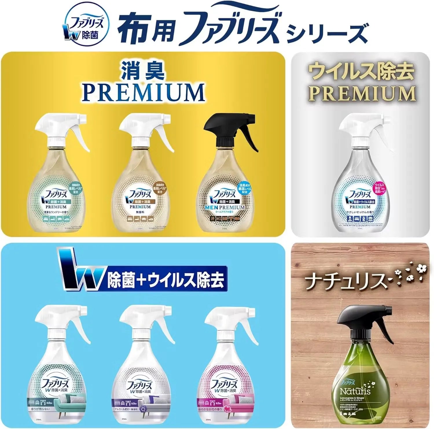 Close-up of Febreze W Fabric Disinfectant & Deodorizer Spray bottle (370ml) with a subtle flower design and text highlighting its disinfecting and deodorizing properties.