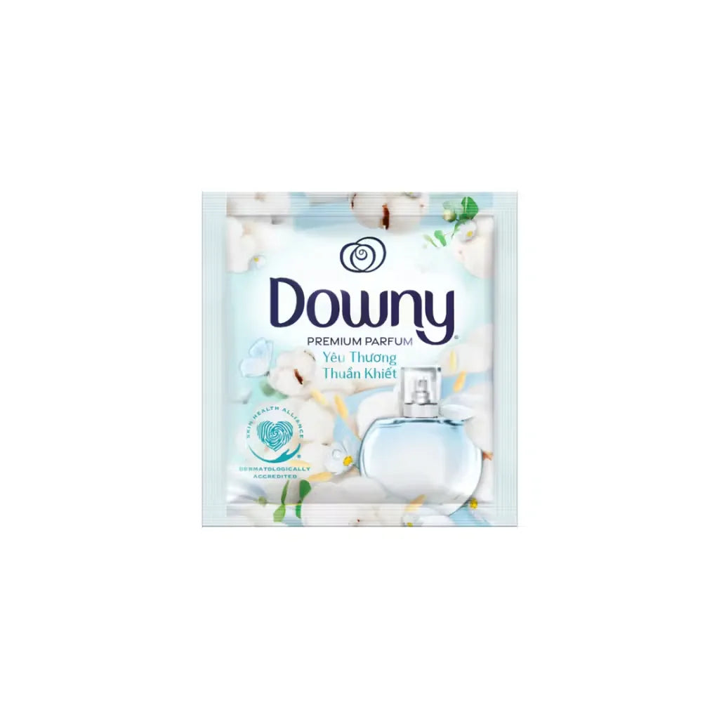 Box of Downy Premium Parfume sachets (10 x 20ml), featuring a luxurious design and scent description. Close-up of one sachet being opened, releasing a fragrant burst.