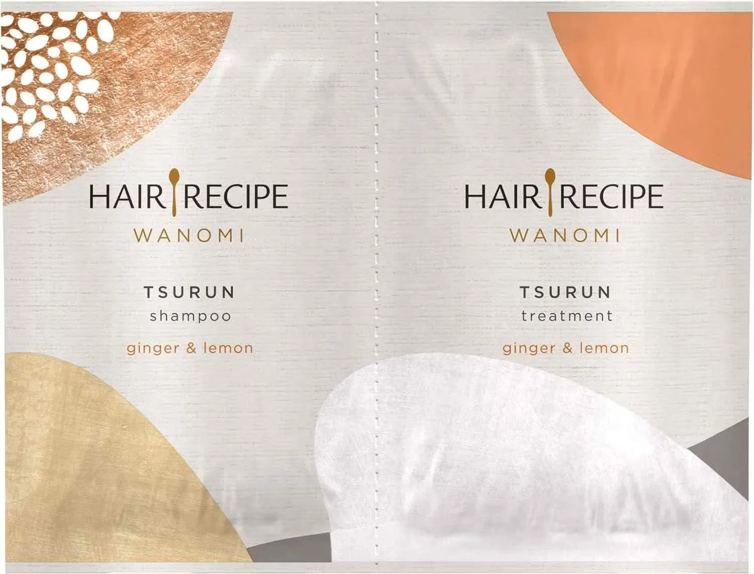Two small travel-sized bottles (10ml each) of Hair Recipe Wanomi Tsurun shampoo and treatment, featuring ginger and lemon scent for damaged hair.