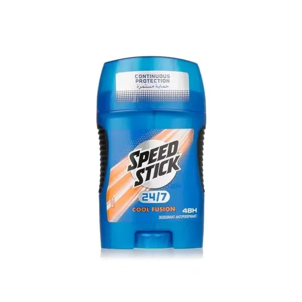 Close-up photo of Speed Stick 24/7 Deodorant Gel in its container, with blue and green accents and a stick applicator.