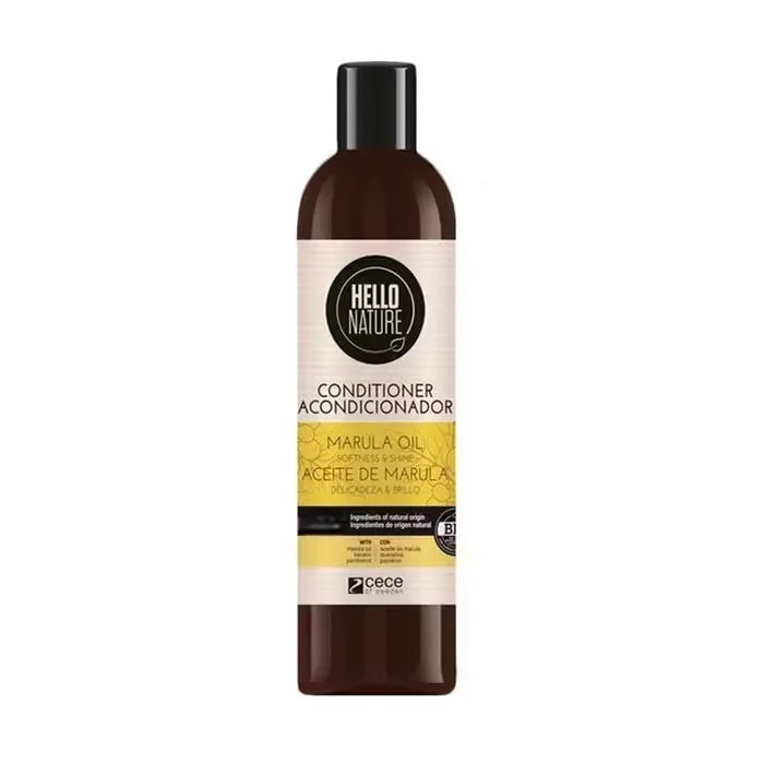 White bottle of Hello Nature Marula Oil Conditioner (300ml) with a pump dispenser, featuring marula fruit imagery and text highlighting "Softness & Shine."