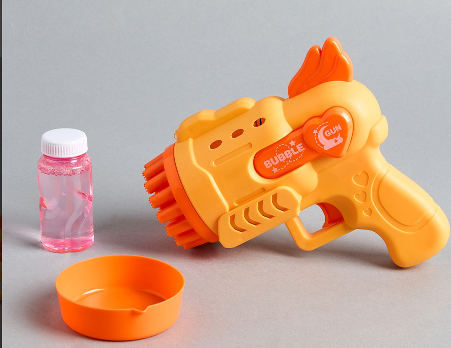 Bubble Blower Toy Gun Set – Automatic Bubble Maker Machine for Kids – 2-in-1 Summer Outdoor Fun Toy with Soap Solution – Yellow & Orange