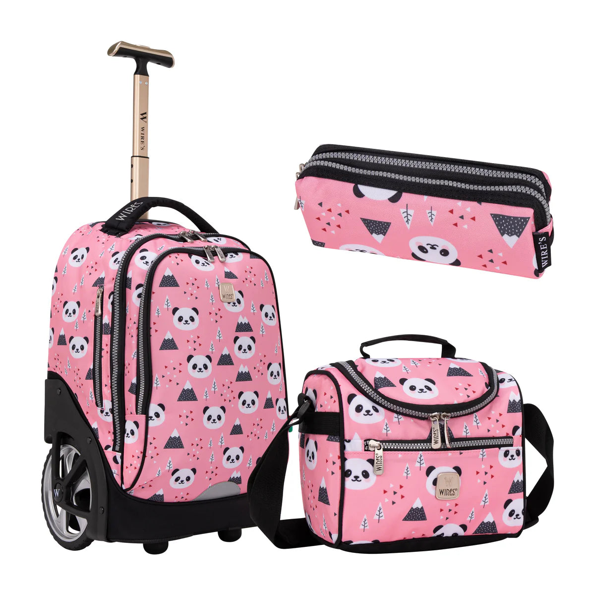 Wires Pink Panda Wires Big Wheel School Bag Trolley Set of 3 - Lunch Bag & Pencil Case - W24510