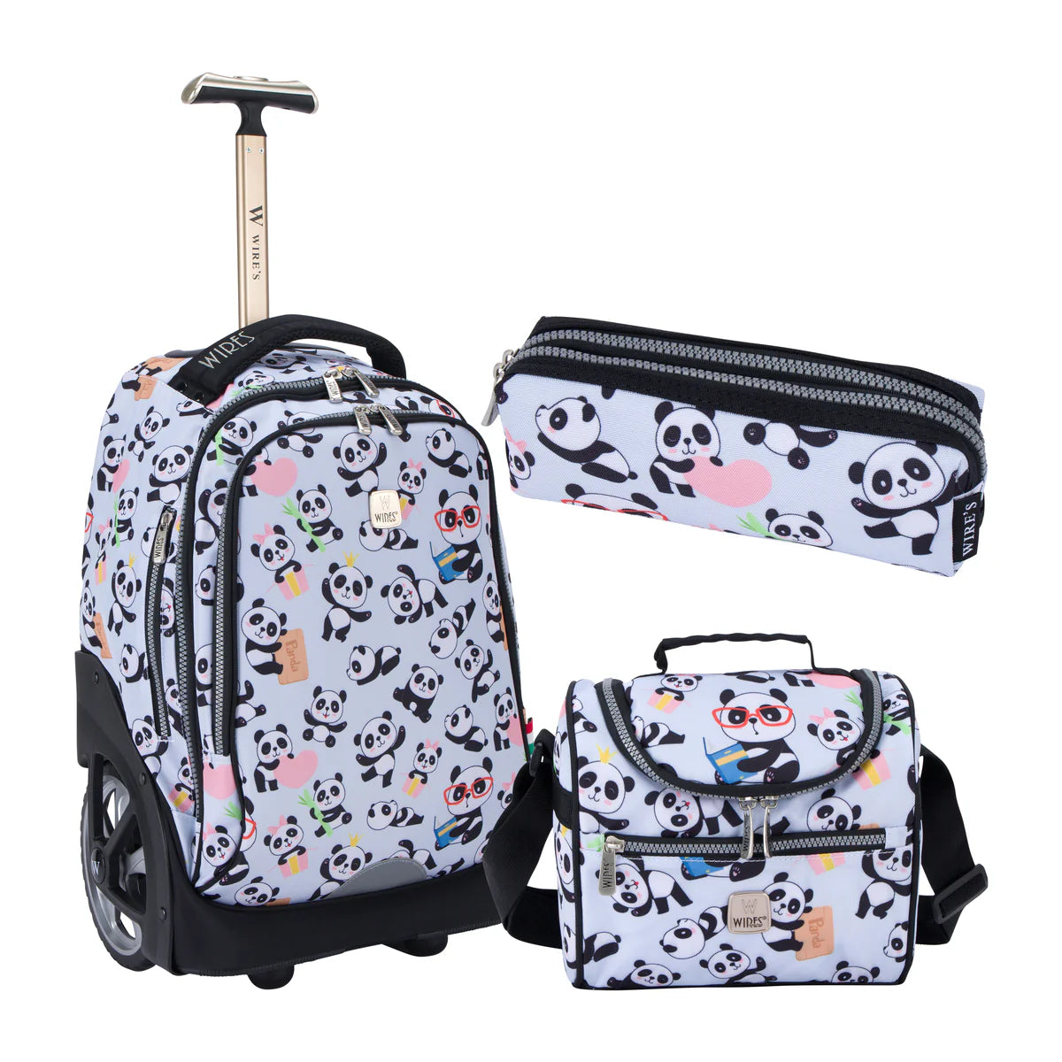 Mist Panda Wires Big Wheel School Bag w24511 Trolley Set of 3 - Lunch Bag & Pencil Case