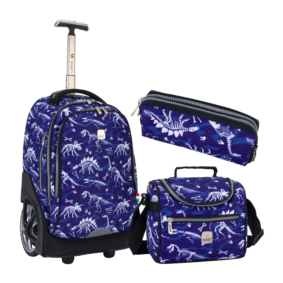 Wires  Blue Dinosaur Wires Big Wheel School Bag Trolley Set of 3 - Lunch Bag & Pencil Case - W24512