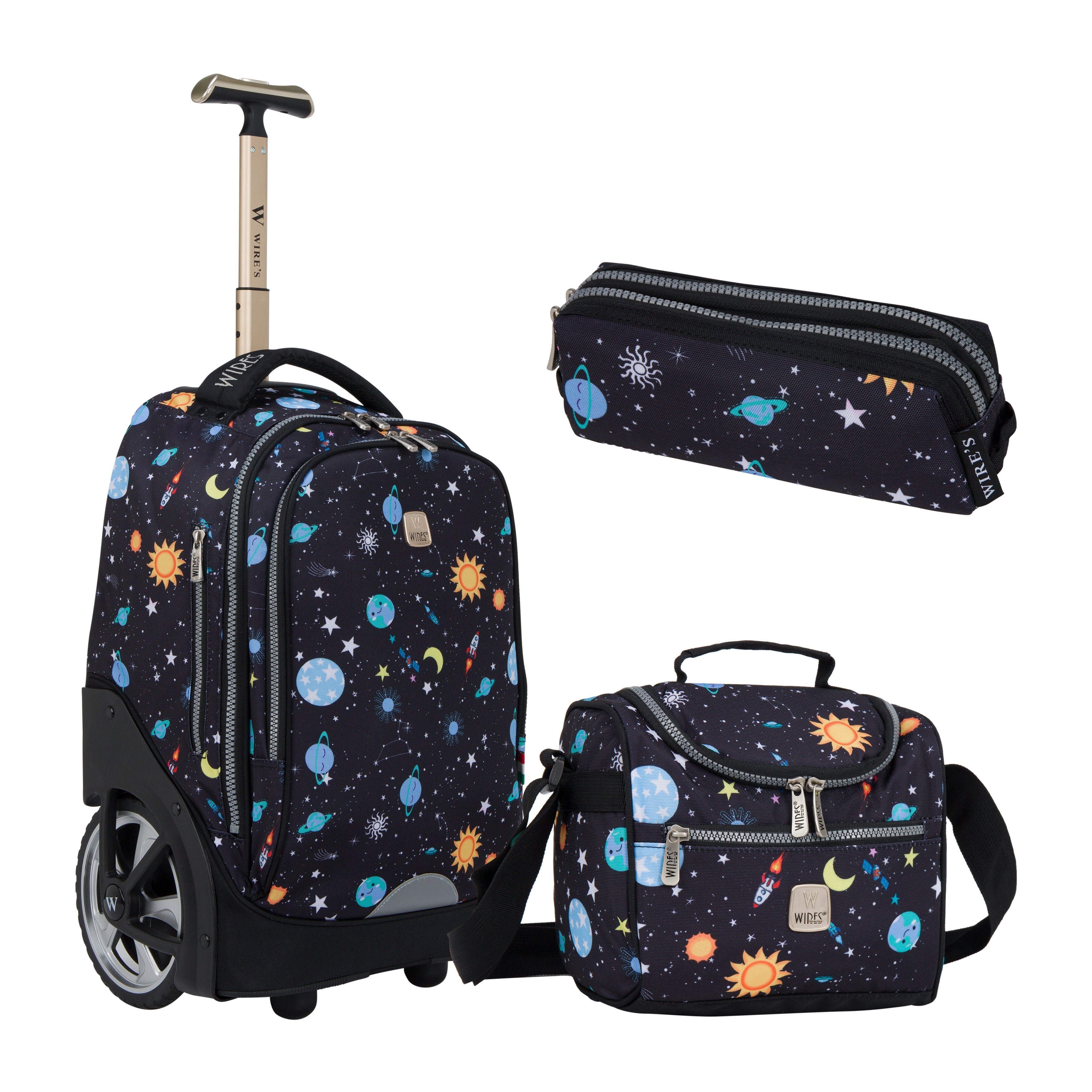 Navy Stars Wires Big Wheel School Bag Trolley Set of 3 Lunch Bag & Pencil Case -W24513