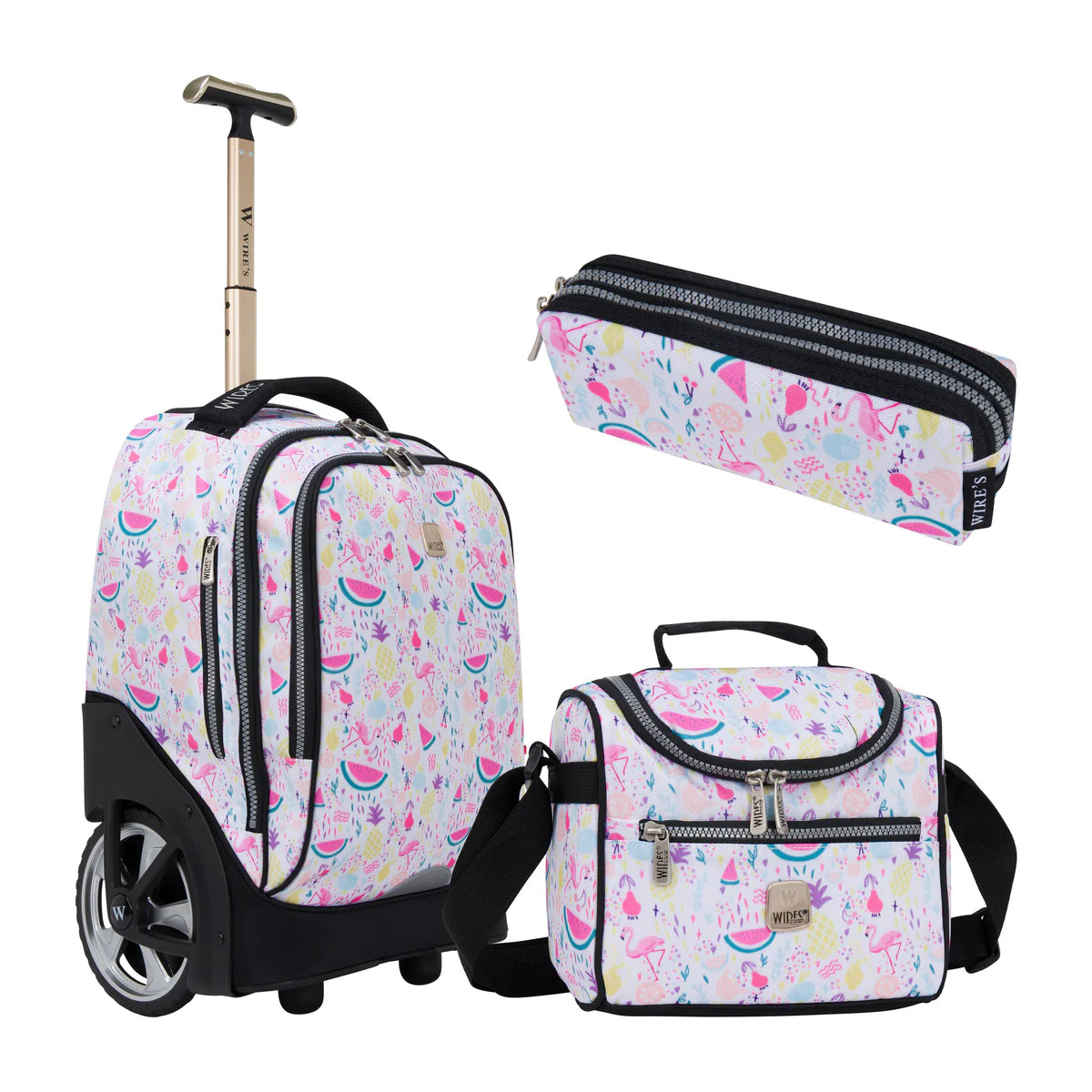 Wires Bright Tropical Wires Big Wheel School Bag Trolley Set of 3 - Lunch Bag & Pencil Case - W24514