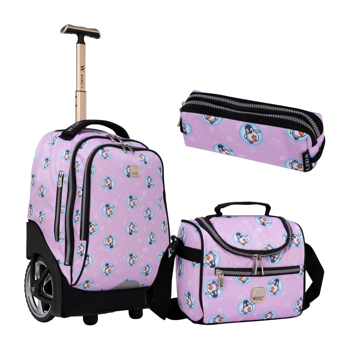 Pink Penguin Wires Big Wheel School Bag Trolley Set of 3 Lunch Bag & Pencil Case - W24515