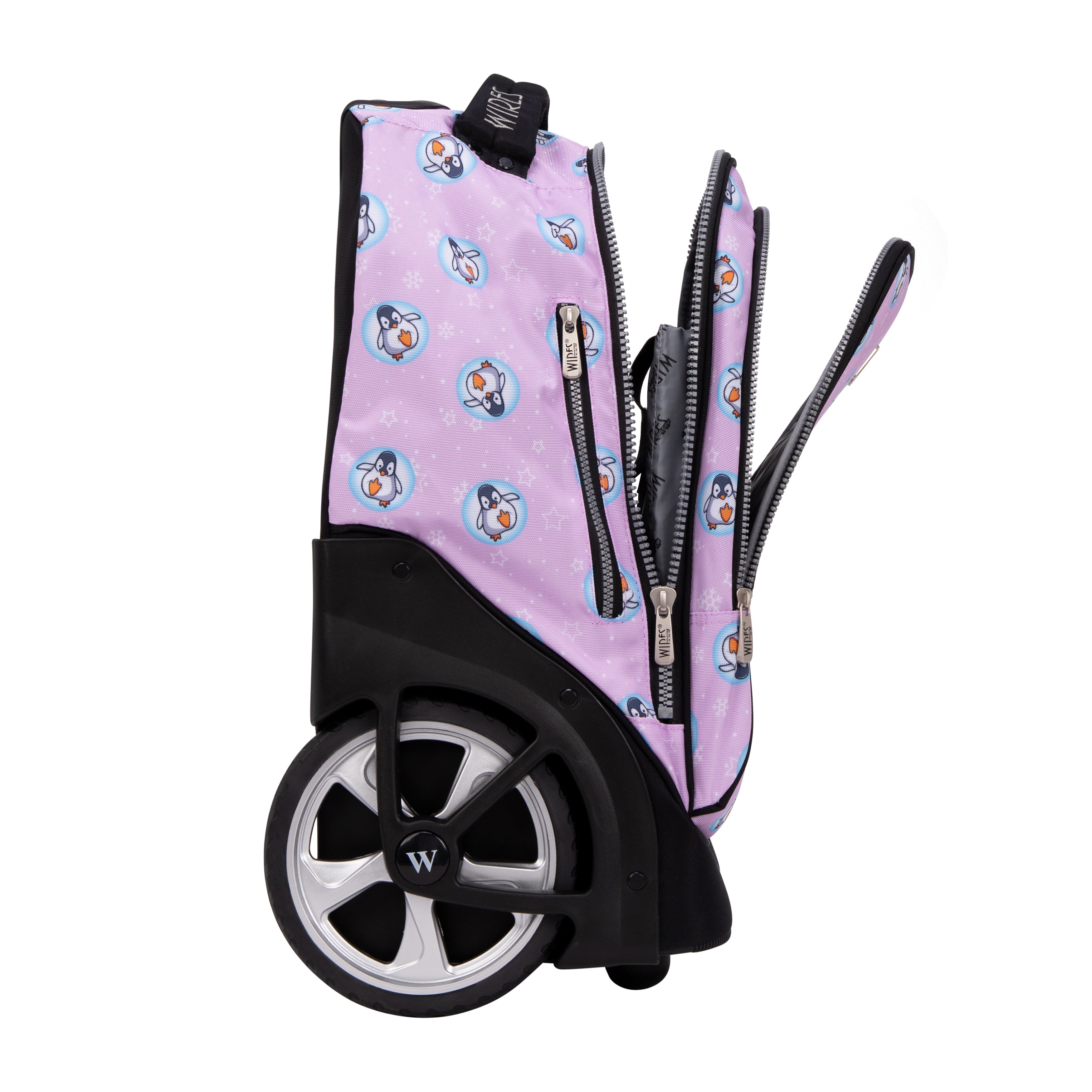 Pink Penguin Wires Big Wheel School Bag Trolley Set of 3 Lunch Bag & Pencil Case - W24515