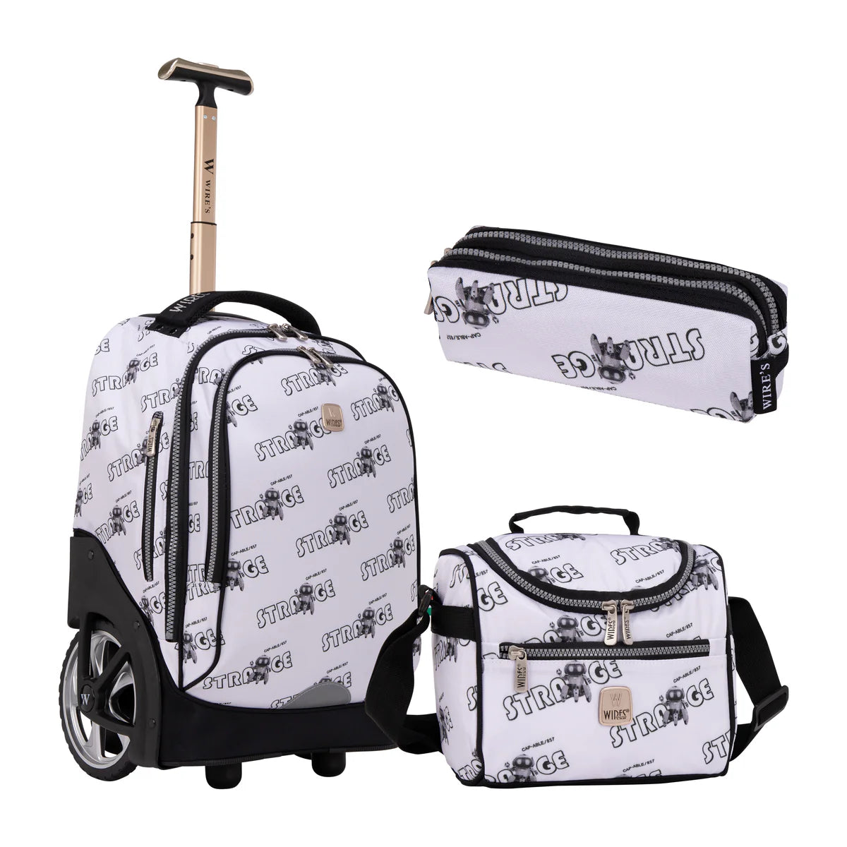 Wires Strange Grey Wires Big Wheel School Bag Trolley Set of 3 - Lunch Bag & Pencil Case - W24521