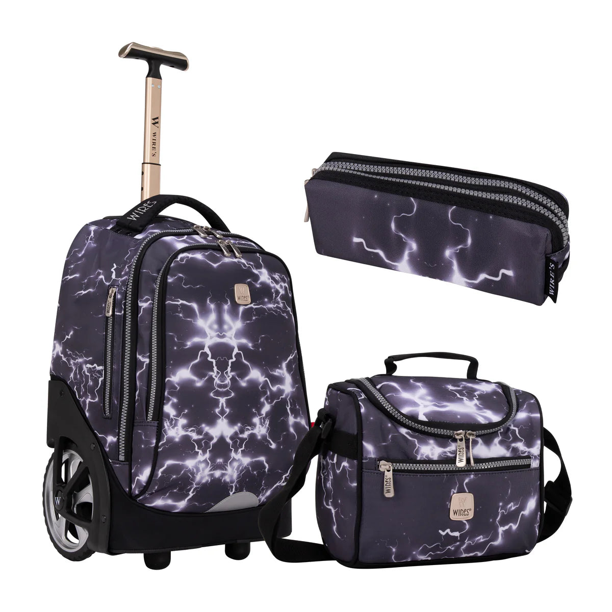 Wires  Dark Thunder Wires Big Wheel School Bag Trolley Set of 3 - Lunch Bag & Pencil Case - w24524