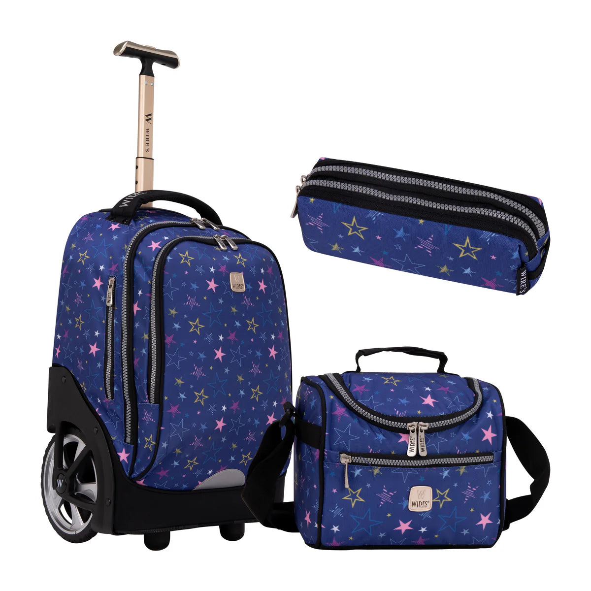 Navy Stars Wires Big Wheel School Bag w24526 Trolley Set of 3 (Lunch Bag & Pencil Case)