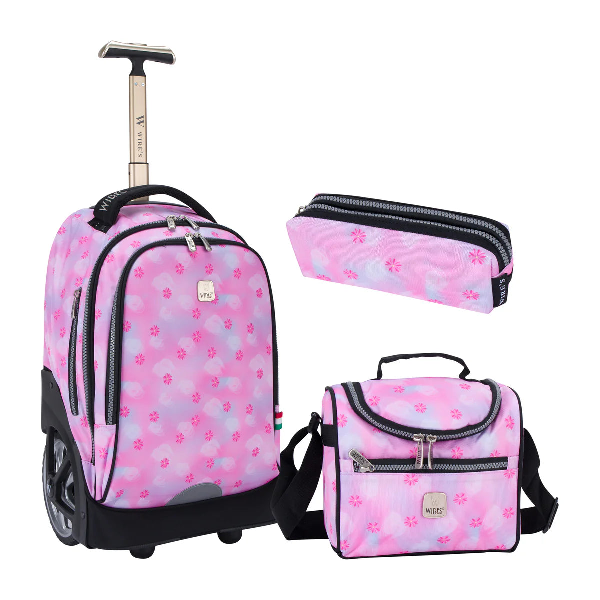 Pink Blur Flower Wires Big Wheel School Bag w24532 Trolley Set of 3 - Lunch Bag & Pencil Case