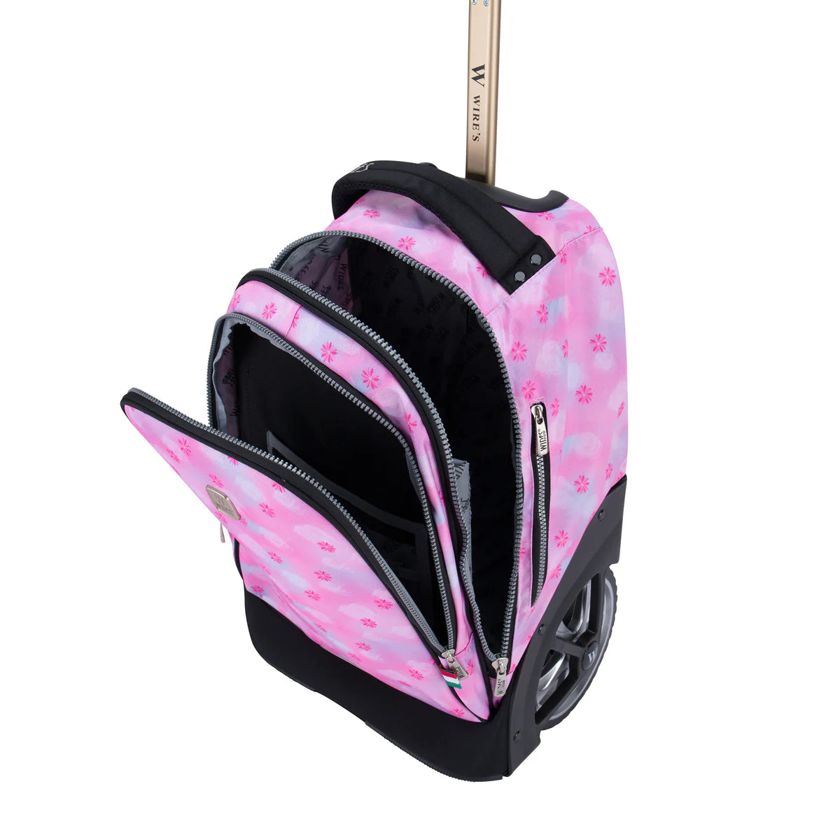 Pink Blur Flower Wires Big Wheel School Bag w24532 Trolley Set of 3 - Lunch Bag & Pencil Case