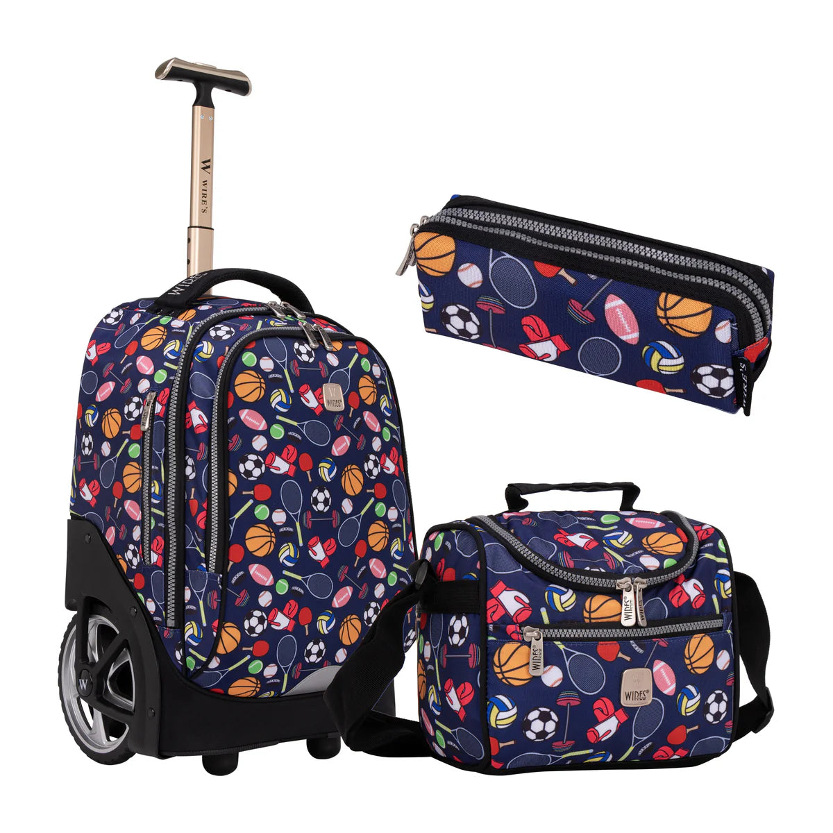 Wires All Sport Wires Big Wheel School Bag Trolley Set of 3 - Lunch Bag &amp; Pencil Case - W24535