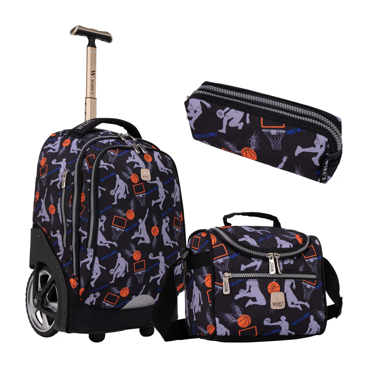 Wires Basketball Wires Big Wheel School Bag Trolley Set of 3 - Lunch Bag &amp; Pencil Case - W24536