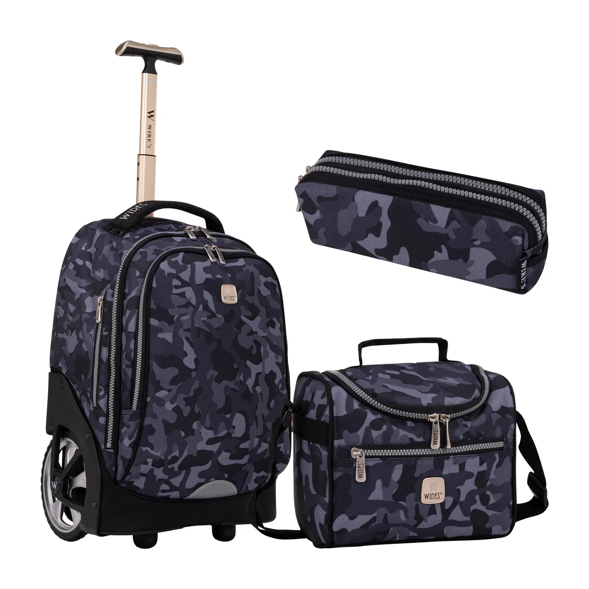 Wires Navy Camouflage Wires Big Wheel School Bag Trolley Set of 3 Lunch Bag & Pencil Case - W24538