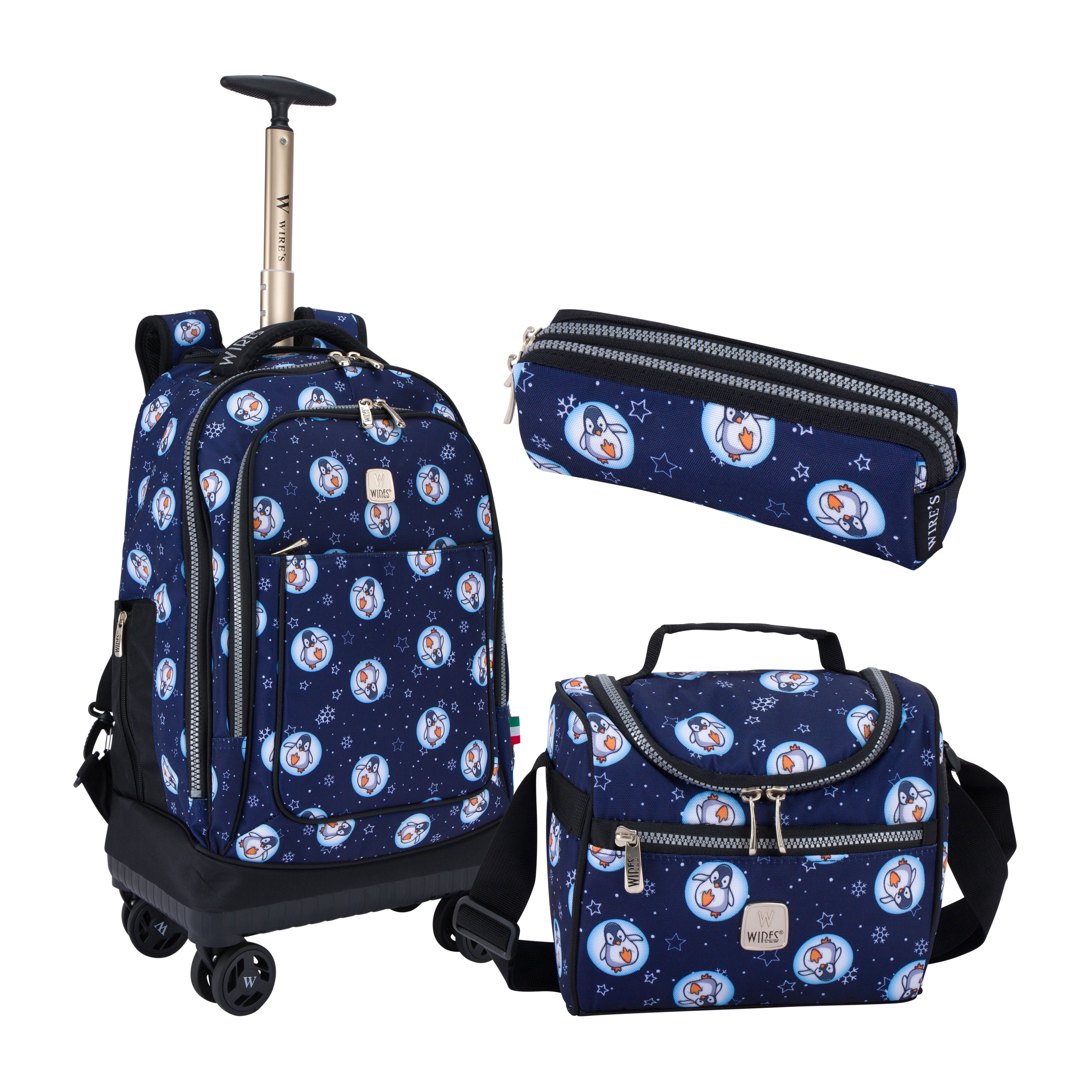 Blue Penguin Wires 8-Wheels School Backpack Trolley Set Lunch bag & Pencil Case W24555