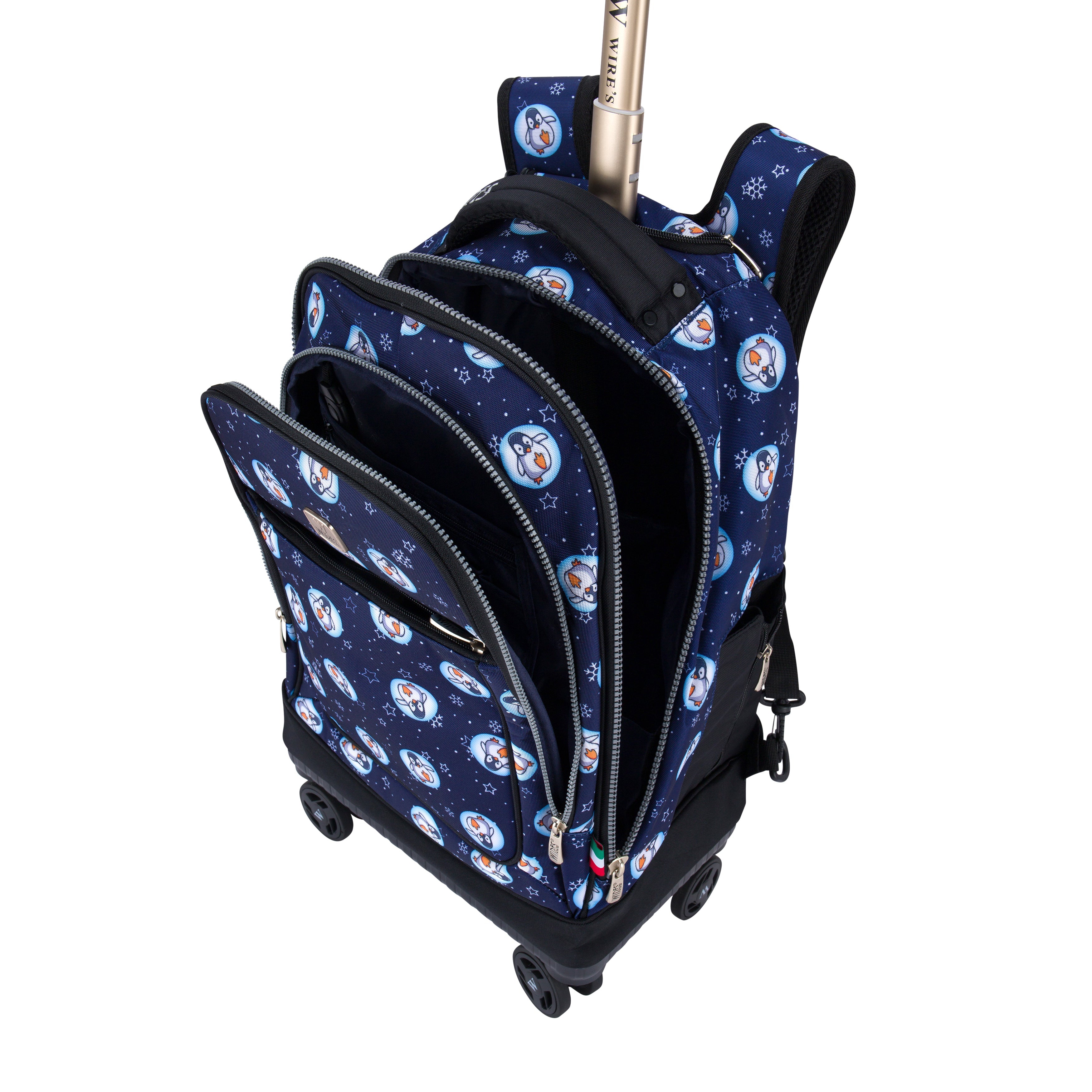 Blue Penguin Wires 8-Wheels School Backpack Trolley Set Lunch bag & Pencil Case W24555