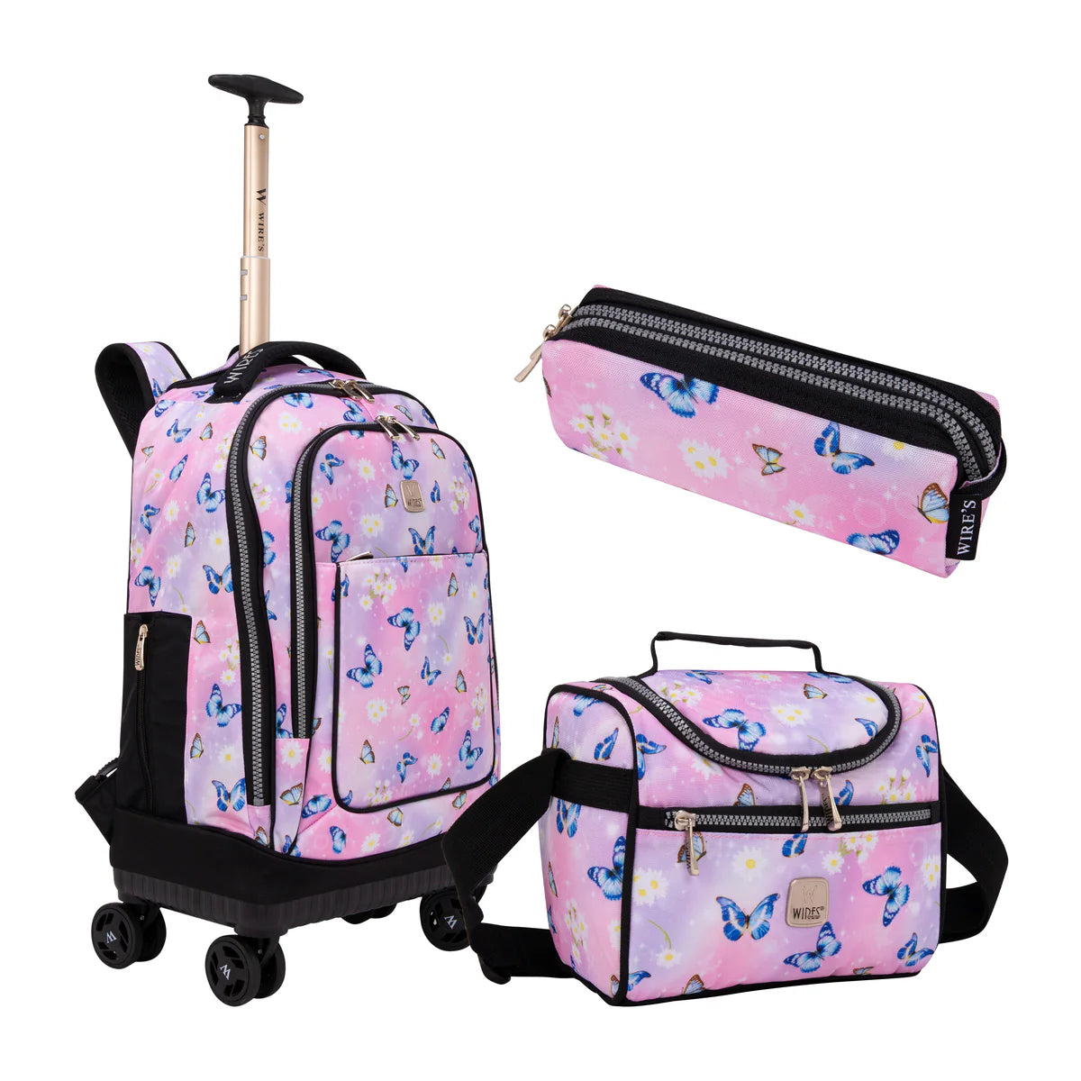 Pink Butterfly Wires 8-Wheels School Backpack Trolley Set Lunch bag & Pencil Case - W24559