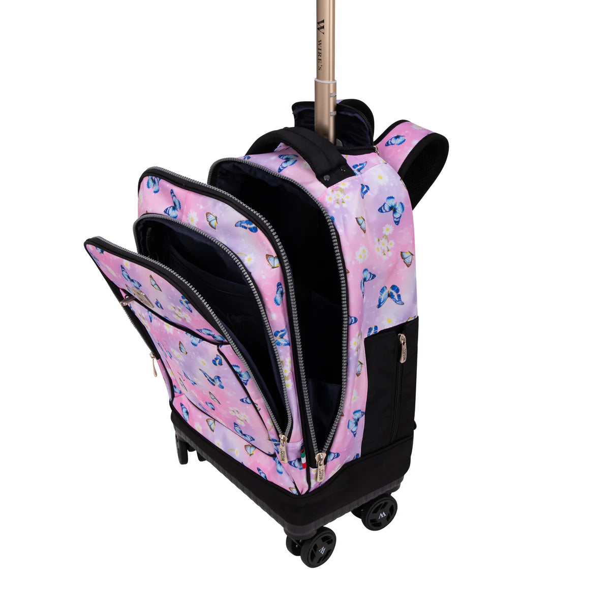 Pink Butterfly Wires 8-Wheels School Backpack Trolley Set Lunch bag & Pencil Case - W24559