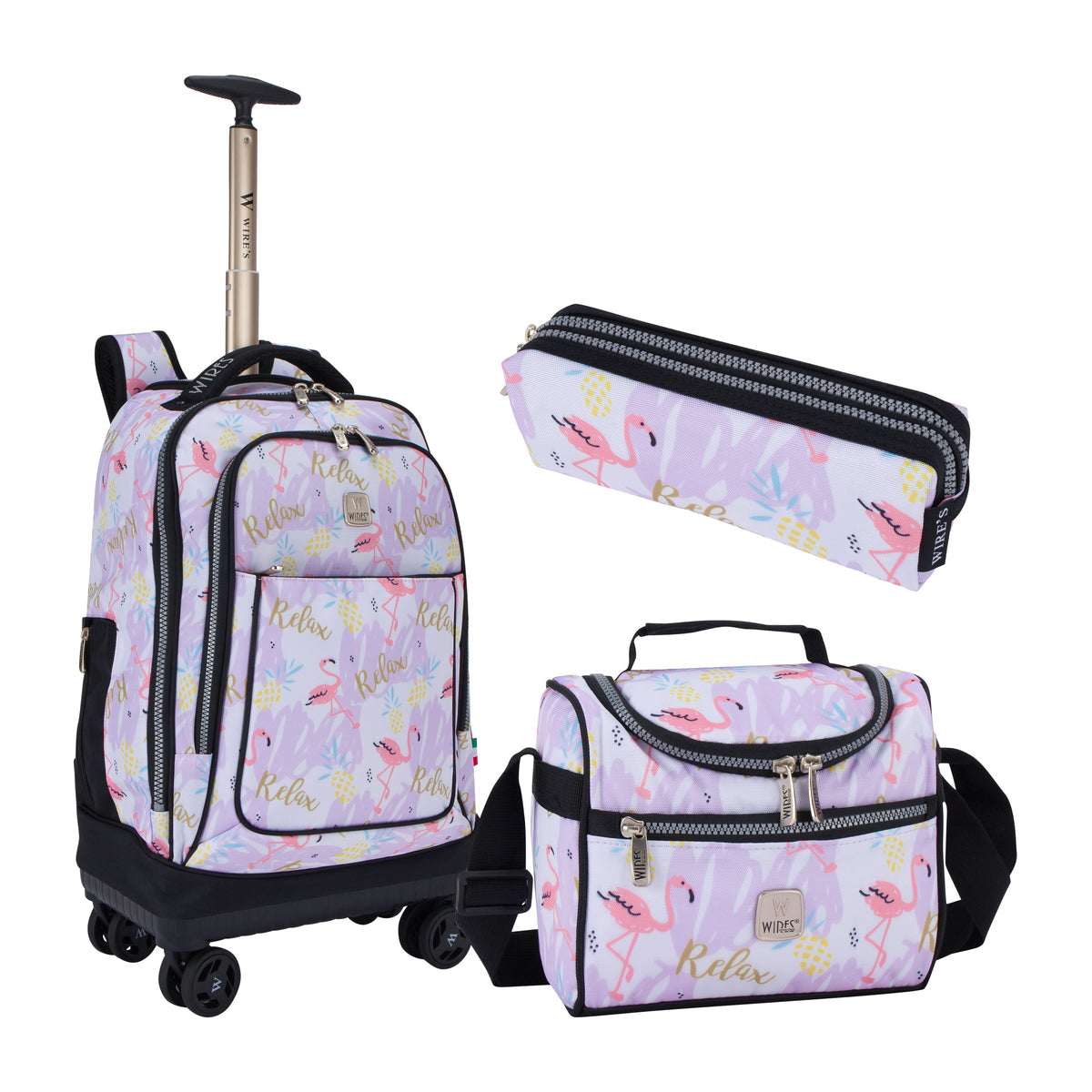 Flamingo Wires 8-Wheels School Backpack Trolley Set Lunch bag  and Pencil Case W24563