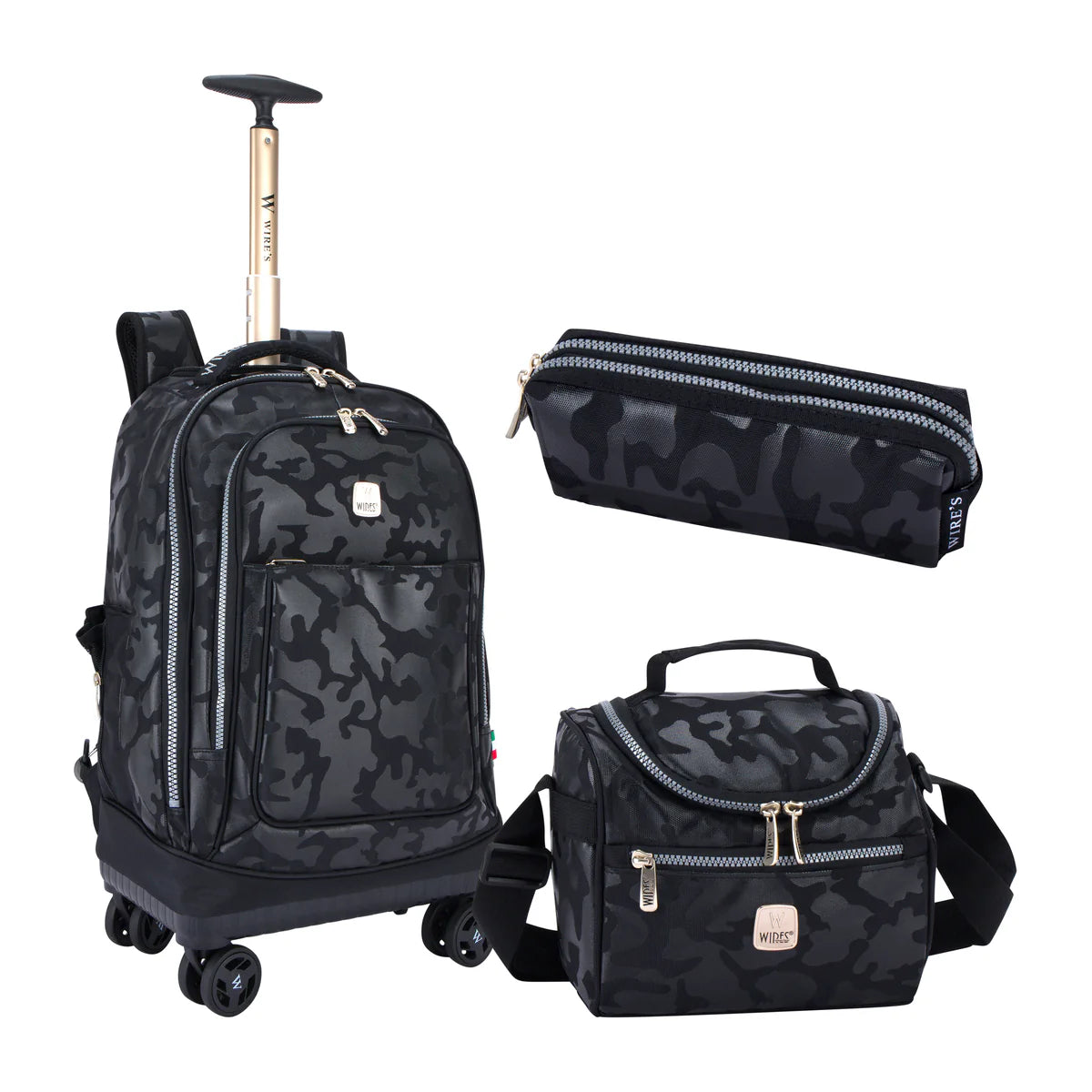 Black Camouflage Wires 8-Wheels School Backpack w24569 Trolley Set - Lunch bag & Pencil Case