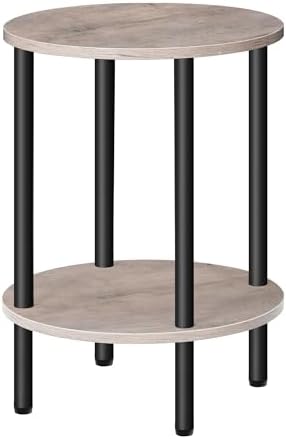 CHOEZON Round Side Table, 2-Tier End Table, Small Round Nightstand with Sturdy Metal Tube, Industrial Coffee Table Round, for Living Room, Bedroom, Greige and Black TBZ01BG