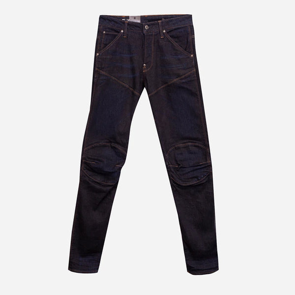 Front view of dark blue slim fit jeans with five pockets on a white background