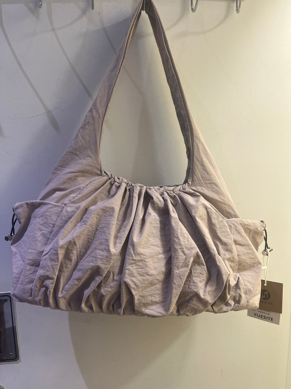 Gathered Drawstring Ruched Nylon Shoulder Bag in Slate Blue