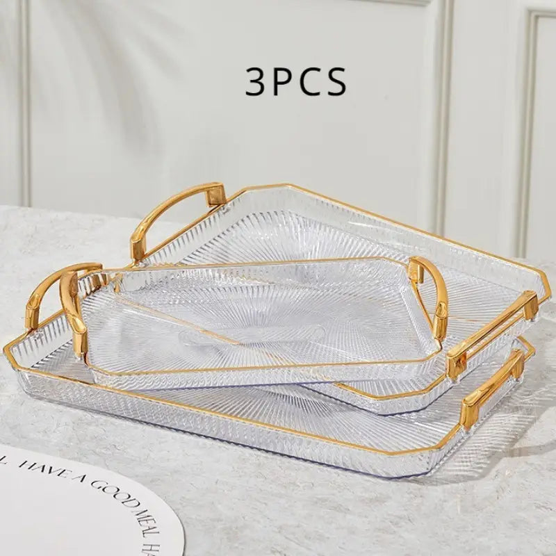3pcs Phnom Penh Transparent Plastic Fruit Tray Set with Handles - Uncharged Rectangular Serving Platters for Food and Candy Display - Includes Large, Medium, Small Sizes