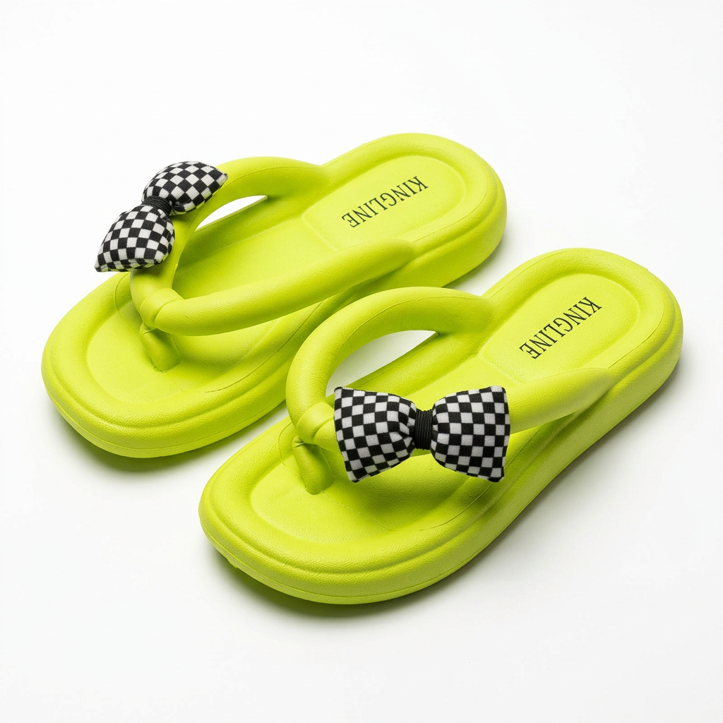 KINGLINE Neon Green Bowknot Flip-Flops for Women