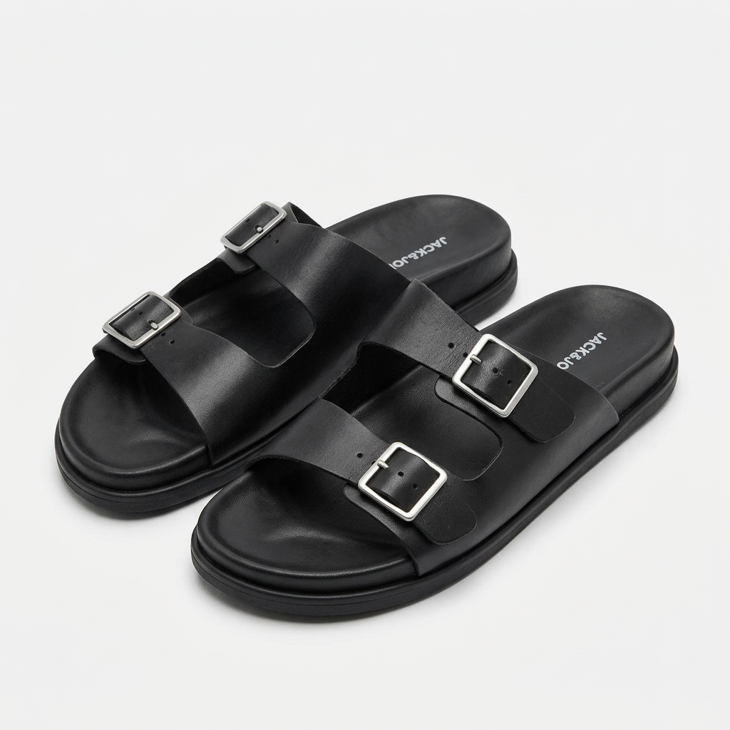 JACK & JONES Men's Jfwdallas Leather Buckle Sandals (Black)
