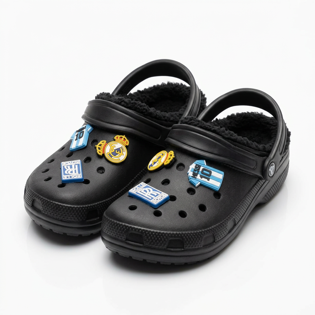 Clogs Kids' Fleece-Lined Winter (Black) with Real Madrid, Messi 10 & Rolls Royce Charms.