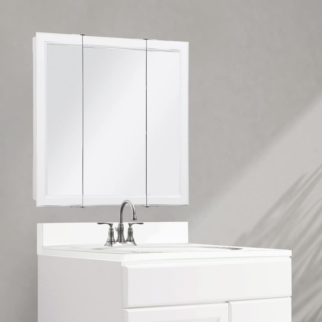 Design House 545293-WHT Assembled Framed Tri-View Surface-Mount Bathroom Medicine Cabinet Mirror, 24" W x 4.75" D x 24" H, White