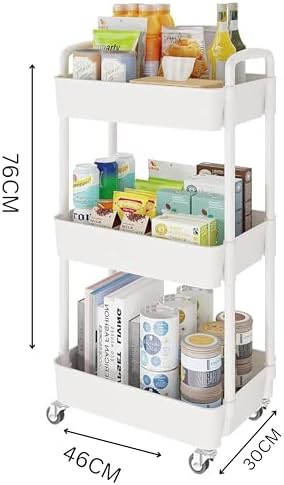 Prince horizon 2-3Tier Utility Rolling Cart Foldable Metal Cart with Caster Wheels Rolling Multifunction Storage Unit with Locking Wheels for Bathroom Kitchen Office (White, 30x46x76 CM)